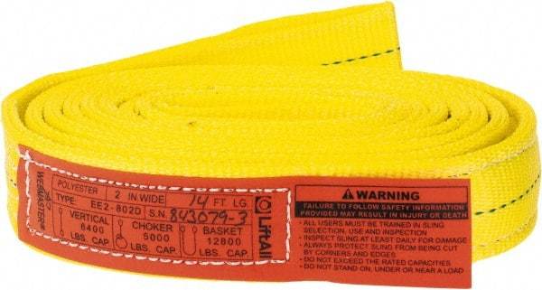 Lift-All - 14' Long x 2" Wide, 6,400 Lb Vertical Capacity, 2 Ply, Polyester Web Sling - 5,000 Lb Choker Capacity, Yellow - Apex Tool & Supply
