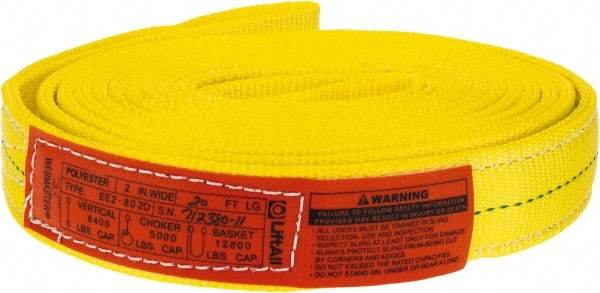 Lift-All - 20' Long x 2" Wide, 6,400 Lb Vertical Capacity, 2 Ply, Polyester Web Sling - 5,000 Lb Choker Capacity, Yellow - Apex Tool & Supply