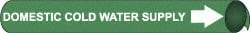 NMC - Pipe Marker with Domestic Cold Water Supply Legend and Arrow Graphic - 1-1/8 to 2-3/8" Pipe Outside Diam, White on Green - Apex Tool & Supply