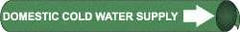 NMC - Pipe Marker with Domestic Cold Water Supply Legend and Arrow Graphic - 1-1/8 to 2-3/8" Pipe Outside Diam, White on Green - Apex Tool & Supply
