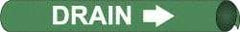 NMC - Pipe Marker with Drain Legend and Arrow Graphic - 3-3/8 to 4-1/2" Pipe Outside Diam, White on Green - Apex Tool & Supply