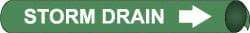 NMC - Pipe Marker with Storm Drain Legend and Arrow Graphic - 3-3/8 to 4-1/2" Pipe Outside Diam, White on Green - Apex Tool & Supply