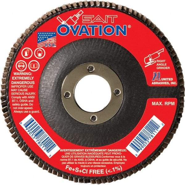 Sait - 40 Grit, 4-1/2" Disc Diam, 7/8" Center Hole, Type 27 Zirconia Alumina Flap Disc - 13,300 Max RPM, Fiberglass Backing, Arbor Attaching System, Coated - Apex Tool & Supply