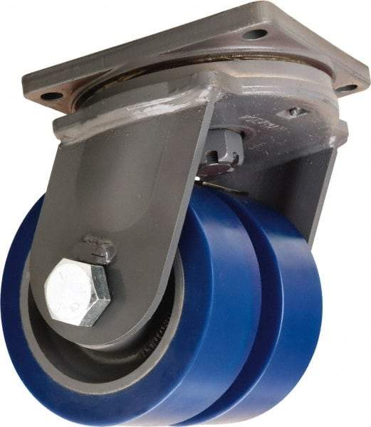 Hamilton - 8" Diam x 3" Wide x 11" OAH Top Plate Mount Dual Swivel Caster - Polyurethane Mold on Forged Steel, 7,000 Lb Capacity, Tapered Roller Bearing, 8-1/2 x 8-1/2" Plate - Apex Tool & Supply