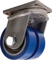Hamilton - 8" Diam x 3" Wide x 11" OAH Top Plate Mount Dual Swivel Caster - Polyurethane Mold on Forged Steel, 7,000 Lb Capacity, Tapered Roller Bearing, 8-1/2 x 8-1/2" Plate - Apex Tool & Supply
