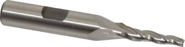 Made in USA - 3° Taper Angle per Side, 1/8" Small End Diam, 3/4" LOC, High Speed Steel 3 Flute Tapered Square End Mill - 2-7/8" OAL, 3/8" Shank Diam, Spiral Flute - Apex Tool & Supply