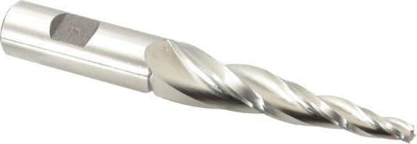 Made in USA - 5° Taper Angle per Side, 1/4" Small End Diam, 3-1/4" LOC, High Speed Steel 3 Flute Tapered Square End Mill - 5-1/2" OAL, 3/4" Shank Diam, Spiral Flute - Apex Tool & Supply