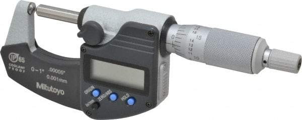 Mitutoyo - 25.4mm Max Measurement, Spherical Face Micrometer - Accuracy Up to 0.0001 Inch, Data Output, 0.0001 Inch Resolution, Electronic Operation, Ratchet Stop Thimble, IP65 Water Resistance Rating, SR44 Battery - Apex Tool & Supply