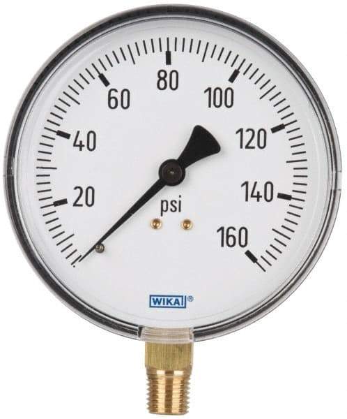 Wika - 4" Dial, 1/4 Thread, 0-160 Scale Range, Pressure Gauge - Lower Connection Mount, Accurate to 3-2-3% of Scale - Apex Tool & Supply