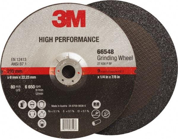 3M - 36 Grit, 9" Wheel Diam, 1/4" Wheel Thickness, 7/8" Arbor Hole, Type 27 Depressed Center Wheel - Ceramic, Resinoid Bond, 6,650 Max RPM, Compatible with Angle Grinder - Apex Tool & Supply