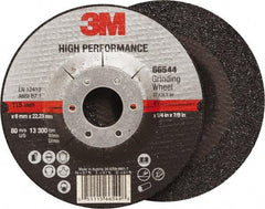 3M - 36 Grit, 4-1/2" Wheel Diam, 1/4" Wheel Thickness, 7/8" Arbor Hole, Type 27 Depressed Center Wheel - Ceramic, Resinoid Bond, 13,300 Max RPM, Compatible with Angle Grinder - Apex Tool & Supply