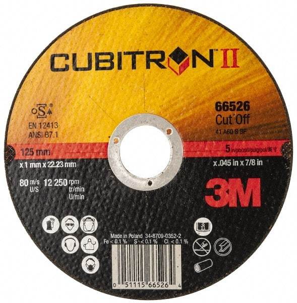 3M - 5" 60 Grit Ceramic Cutoff Wheel - 0.045" Thick, 7/8" Arbor, 12,250 Max RPM, Use with Angle Grinders - Apex Tool & Supply