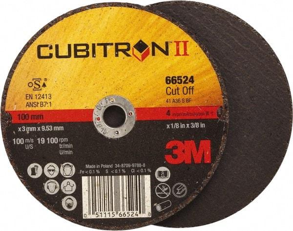 3M - 4" 36 Grit Ceramic Cutoff Wheel - 1/8" Thick, 3/8" Arbor, 19,100 Max RPM, Use with Angle Grinders - Apex Tool & Supply