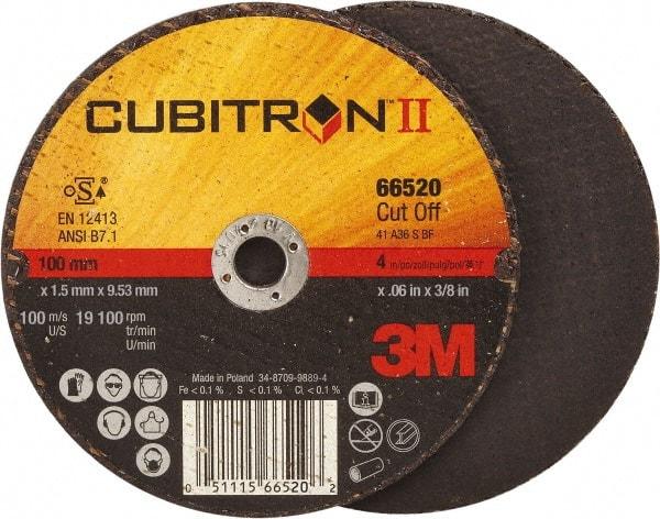 3M - 4" 36 Grit Ceramic Cutoff Wheel - 0.06" Thick, 3/8" Arbor, 19,100 Max RPM, Use with Angle Grinders - Apex Tool & Supply
