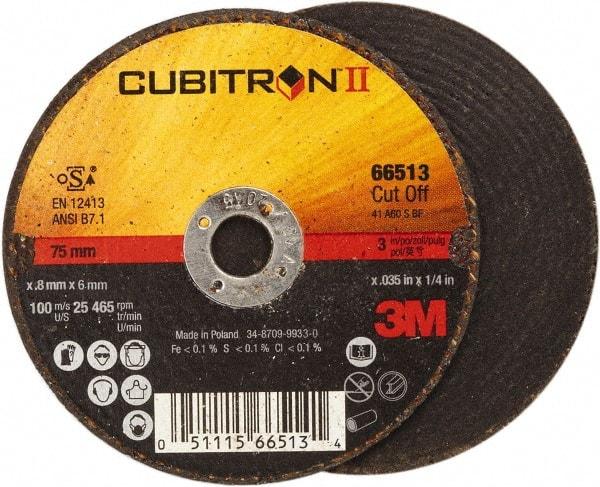 3M - 3" 60 Grit Ceramic Cutoff Wheel - 0.035" Thick, 1/4" Arbor, 25,465 Max RPM, Use with Angle Grinders - Apex Tool & Supply