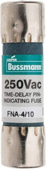 Cooper Bussmann - 250 VAC, 0.4 Amp, Time Delay Pin Indicator Fuse - Fuse Holder Mount, 1-1/2" OAL, 10 at 125 V kA Rating, 13/32" Diam - Apex Tool & Supply