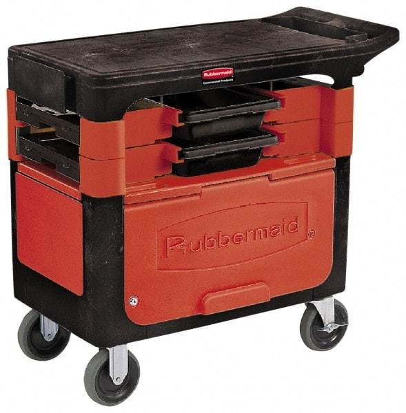 Rubbermaid - 350 Lb Capacity, 2 Shelf Trade Cart - 19" Wide x 38" Deep x 33-3/8" High, Plastic, Black/Red - Apex Tool & Supply