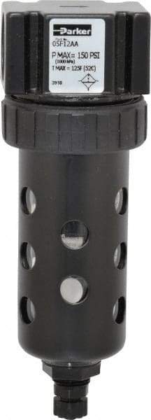 Parker - 1/4" Port, 5.91" High x 2" Wide Compact Filter with Polycarbonate Bowl, Manual Drain - 24 SCFM, 150 Max psi, 125°F Max Temp, Modular Connection, Bowl Guard, 2 oz Bowl Capacity - Apex Tool & Supply