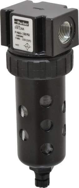 Parker - 3/8" Port, 5.91" High x 2" Wide Compact Filter with Polycarbonate Bowl, Manual Drain - 70 SCFM, 150 Max psi, 125°F Max Temp, Modular Connection, Bowl Guard, 2 oz Bowl Capacity - Apex Tool & Supply