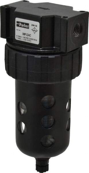 Parker - 1/4" Port, 6.22" High x 2.81" Wide Intermediate Filter with Polycarbonate Bowl, Manual Drain - 53 SCFM, 150 Max psi, 125°F Max Temp, Modular Connection, Bowl Guard, 4.4 oz Bowl Capacity - Apex Tool & Supply