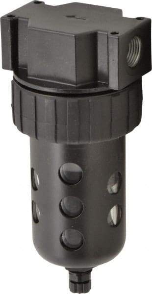 Parker - 3/8" Port, 6.22" High x 2.81" Wide Intermediate Filter with Polycarbonate Bowl, Manual Drain - 80 SCFM, 150 Max psi, 125°F Max Temp, Modular Connection, Bowl Guard, 4.4 oz Bowl Capacity - Apex Tool & Supply