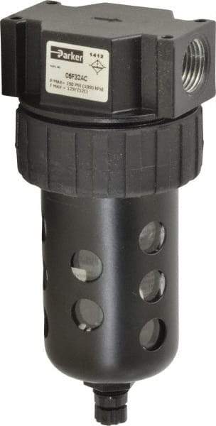 Parker - 1/2" Port, 6.22" High x 2.81" Wide Intermediate Filter with Polycarbonate Bowl, Manual Drain - 85 SCFM, 150 Max psi, 125°F Max Temp, Modular Connection, Bowl Guard, 4.4 oz Bowl Capacity - Apex Tool & Supply