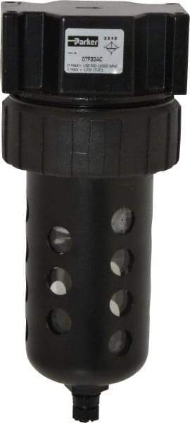 Parker - 1/2" Port, 7.67" High x 3.24" Wide Standard Filter with Polycarbonate Bowl, Manual Drain - 130 SCFM, 150 Max psi, 125°F Max Temp, Modular Connection, Bowl Guard, 7.2 oz Bowl Capacity - Apex Tool & Supply