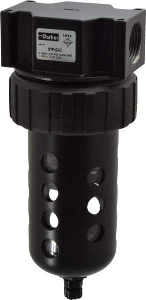 Parker - 3/4" Port, 7.67" High x 3.24" Wide Standard Filter with Polycarbonate Bowl, Manual Drain - 145 SCFM, 150 Max psi, 125°F Max Temp, Modular Connection, Bowl Guard, 7.2 oz Bowl Capacity - Apex Tool & Supply