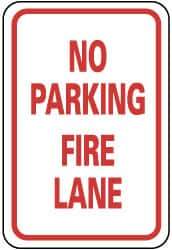 NMC - "No Parking - Fire Lane", 12" Wide x 18" High, Aluminum Fire Lane Signs - 0.08" Thick, Red on White, Engineer Grade Reflectivity, Rectangle, Post Mount - Apex Tool & Supply