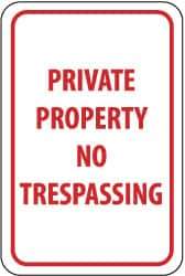 NMC - "Private Property - No Trespassing", 12" Wide x 18" High, Aluminum Parking Lot Traffic Signs - 0.04" Thick, Red on White, Rectangle, Post Mount - Apex Tool & Supply