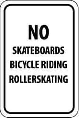 NMC - "No Skateboards Bicycle Riding Rollerskating", 12" Wide x 18" High, Aluminum Parking Lot Traffic Signs - 0.063" Thick, Black on White, Rectangle, Post Mount - Apex Tool & Supply