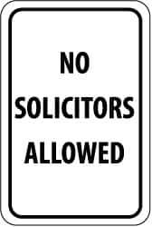 NMC - "No Solicitors Allowed", 12" Wide x 18" High, Aluminum Parking Lot Traffic Signs - 0.04" Thick, Black on White, Rectangle, Post Mount - Apex Tool & Supply
