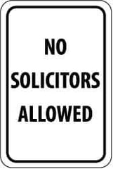 NMC - "No Solicitors Allowed", 12" Wide x 18" High, Aluminum Parking Lot Traffic Signs - 0.063" Thick, Black on White, Rectangle, Post Mount - Apex Tool & Supply
