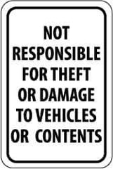 NMC - "Not Responsible for Theft or Damage to Vehicles or Contents", 12" Wide x 18" High, Aluminum Parking Lot Traffic Signs - 0.063" Thick, Black on White, Rectangle, Post Mount - Apex Tool & Supply