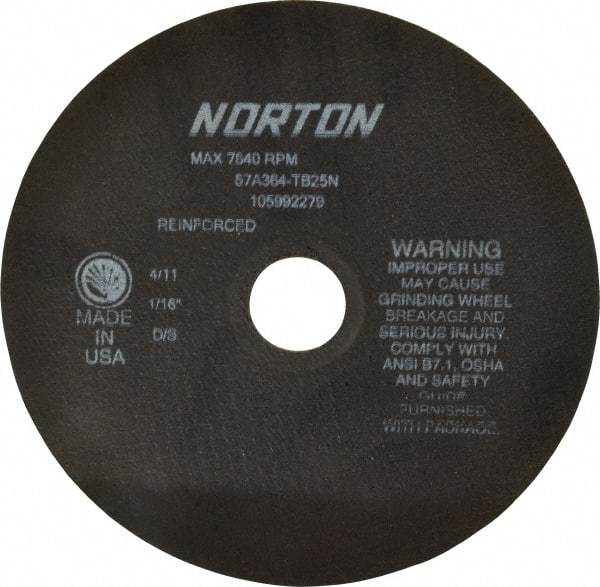 Norton - 8" 36 Grit Aluminum Oxide Cutoff Wheel - 1/16" Thick, 1-1/4" Arbor, 7,640 Max RPM, Use with Stationary Grinders - Apex Tool & Supply