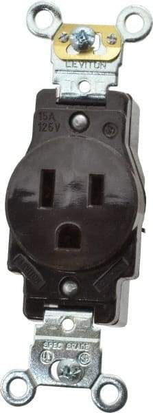 Leviton - 125 VAC, 15 Amp, 5-15R NEMA Configuration, Brown, Industrial Grade, Self Grounding Single Receptacle - 1 Phase, 2 Poles, 3 Wire, Flush Mount, Impact Resistant - Apex Tool & Supply