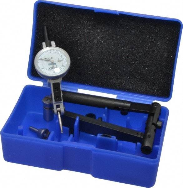 Fowler - 12 Piece, 0" to 0.06" Measuring Range, 1" Dial Diam, 0-15-0 Dial Reading, Horizontal White Dial Test Indicator Kit - 5/8" Contact Point Length, 0.04, 0.08 & 0.12" Ball Diam, 0.0005" Dial Graduation - Apex Tool & Supply