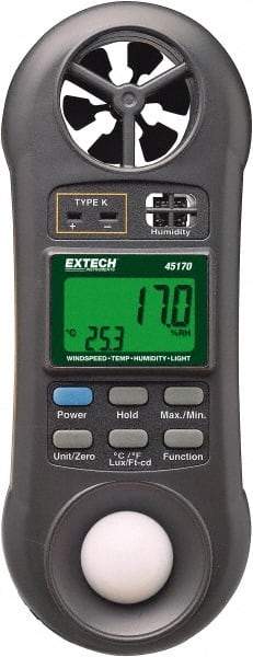 Extech - -148 to 2,372°F, 10 to 95% Humidity Range, Thermo-Hygrometer, Anemometer and Light Meter - 4% Relative Humidity Accuracy - Apex Tool & Supply