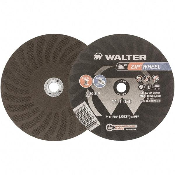WALTER Surface Technologies - 7" 30 Grit Aluminum Oxide Cutoff Wheel - 1/16" Thick, 5/8" Arbor, 8,600 Max RPM, Use with Circular Saws - Apex Tool & Supply