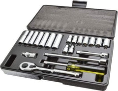 Stanley - 21 Piece 1/4" Drive Chrome Finish Deep Well Socket Set - 6 Points, 3/16" to 1/2" Range, Inch Measurement Standard - Apex Tool & Supply