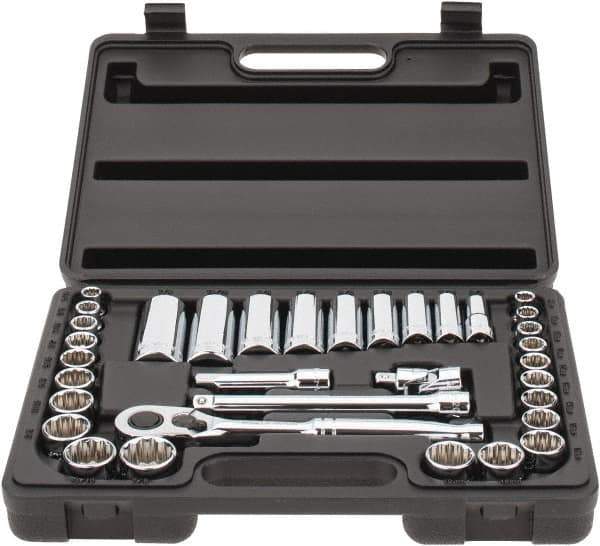 Stanley - 34 Piece 3/8" Drive Chrome Finish Deep Well Socket Set - 12 Points, 5/16" to 7/8" (8mm to 19mm) Range, Inch/Metric Measurement Standard - Apex Tool & Supply