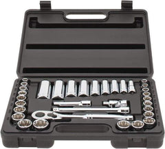 Stanley - 34 Piece 3/8" Drive Chrome Finish Deep Well Socket Set - 12 Points, 5/16" to 7/8" (8mm to 19mm) Range, Inch/Metric Measurement Standard - Apex Tool & Supply