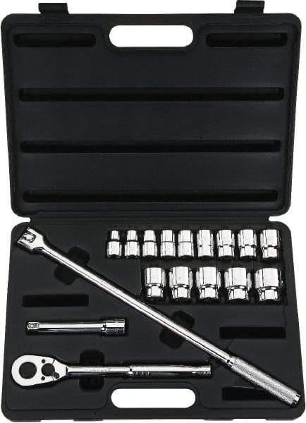 Stanley - 17 Piece 1/2" Drive Chrome Finish Socket Set - 12 Points, 3/8" to 1-1/4" Range, Inch Measurement Standard - Apex Tool & Supply