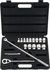 Stanley - 17 Piece 1/2" Drive Chrome Finish Socket Set - 12 Points, 3/8" to 1-1/4" Range, Inch Measurement Standard - Apex Tool & Supply