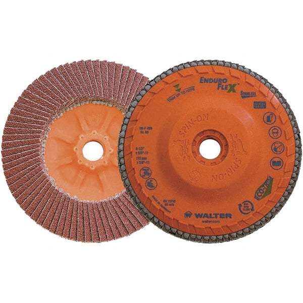 WALTER Surface Technologies - 80 Grit, 4-1/2" Disc Diam, 5/8-11 Center Hole, Zirconia Alumina Flap Disc - 13,300 Max RPM, Plastic Backing, Arbor Attaching System, Coated - Apex Tool & Supply