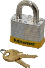 Master Lock - Keyed Different Retaining Key Conductive Lockout Padlock - 3/4" Shackle Clearance, 9/32" Shackle Diam, 1-1/4" Body Height x 1-9/16" Body Width, Yellow, 4 Pins - Apex Tool & Supply