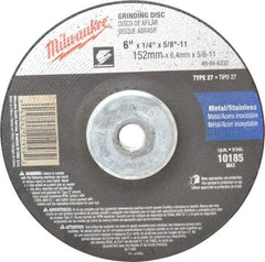 Milwaukee Tool - 24 Grit, 6" Wheel Diam, 1/4" Wheel Thickness, Type 27 Depressed Center Wheel - Aluminum Oxide, Resinoid Bond, R Hardness, 10,185 Max RPM, Compatible with Angle Grinder - Apex Tool & Supply