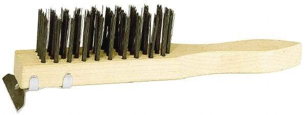 Weiler - 4 Rows x 11 Columns Steel Scratch Brush - 5-1/2" Brush Length, 11-1/2" OAL, 1-1/2" Trim Length, Wood Straight Handle - Apex Tool & Supply