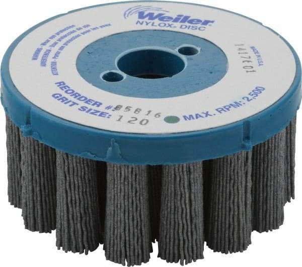 Weiler - 4" 120 Grit Silicon Carbide Crimped Disc Brush - Fine Grade, Plain Hole Connector, 1-1/2" Trim Length, 7/8" Arbor Hole - Apex Tool & Supply