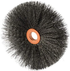 Weiler - 4" OD, 1/2" Arbor Hole, Crimped Steel Wheel Brush - 1/2" Face Width, 1-1/2" Trim Length, 0.006" Filament Diam, 20,000 RPM - Apex Tool & Supply